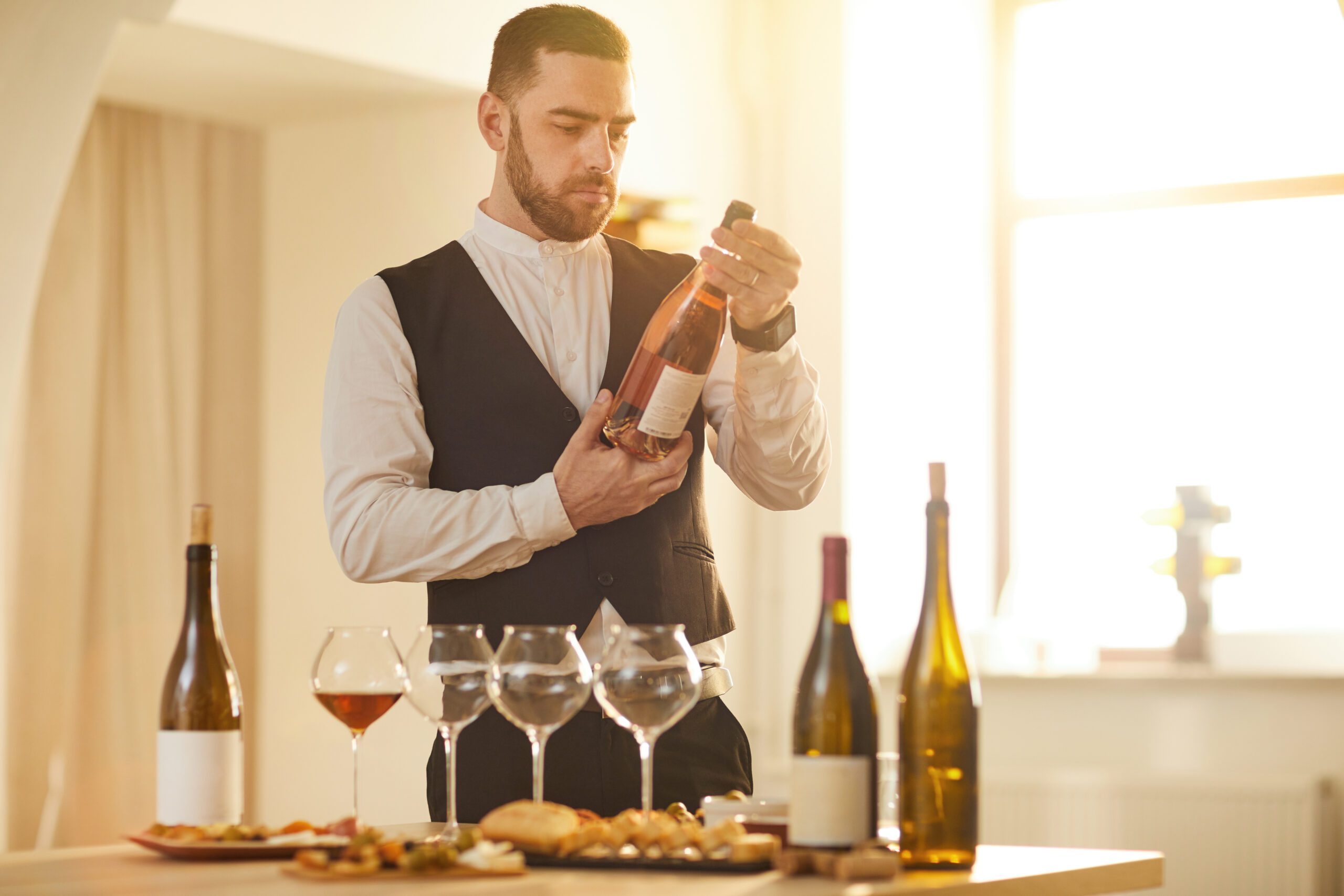 Waist up portrait of professional sommelier holding bottle of rose while preparing for wine tasting session in sunlight, copy space